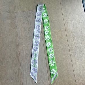 Givenchy 100% Silk Twilly Scarf, "Nature Goth" Graphic Floral Print, Green White